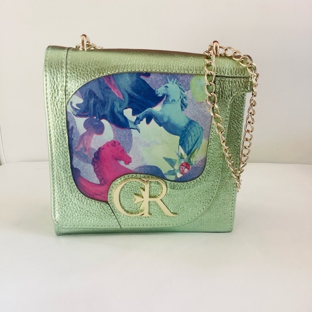 CHARLES & RON Green Sea Unicorn Horses Print Gold Chain Bag
